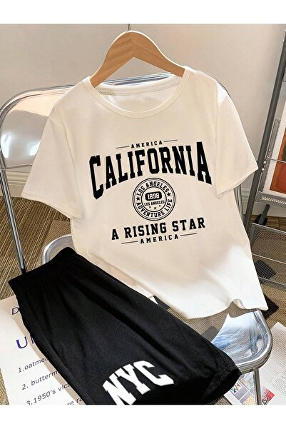 coolart Σετ μπλουζάκι και σορτς California Rising με στάμπα - Λευκό και Μαύρο...
