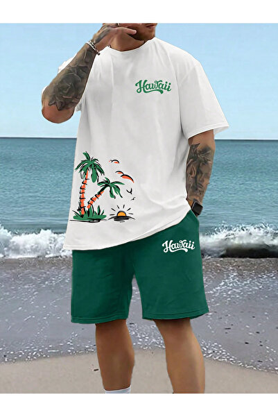 coolart Set cu model palmieri hawaiani alb și verde - Tricou cu guler rotund ...