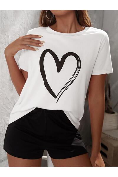 coolart Λευκό Μαύρο Μπλουζάκι και Σορτς με Μεγάλη Καρδιά - Συνδυασμός με Λαιμ...