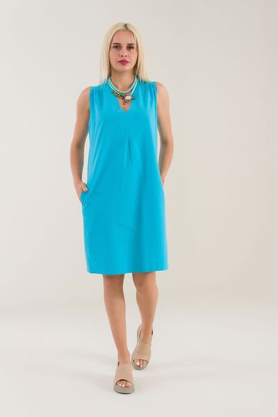 Bold & Young Women's Turquoise Color Pocketed Linen Look Cotton Dress