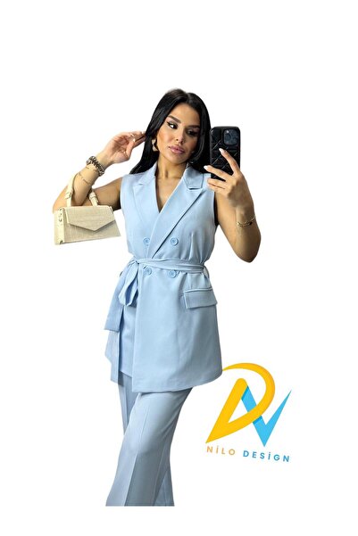 NILOO المجموعة: سترة بحزام وأزرار، بنطال عالي الخصر وواسع الساق.