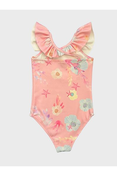 ALİŞ KİDS Mermaid Patterned - Girl's Swimsuit with Cross Straps and Ruffles