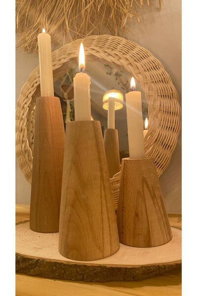 AHESAR TİCARET Ahşap Şamdan Mumluk Konik 3 Lü Set