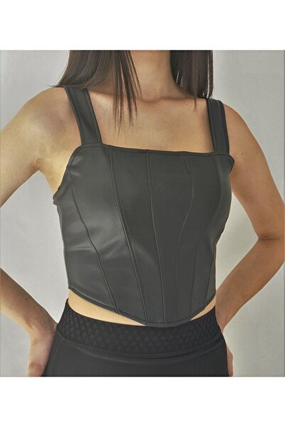 YAXİ ПЕРЕДНЯ ЧАСТИНА З ДЕТАЛЯМИ ШВА, КВАДРАТНИЙ КОМИР, ЧОРНИЙ ШКІРЯНИЙ БЮСТІЄ