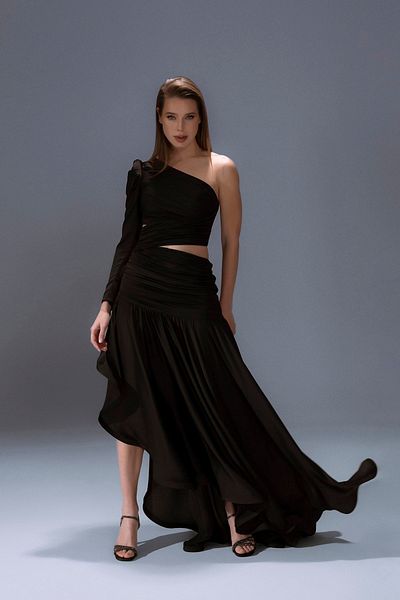 ŞEREF VURAL Women's Single Sleeve Long Evening Dress 8102 Black