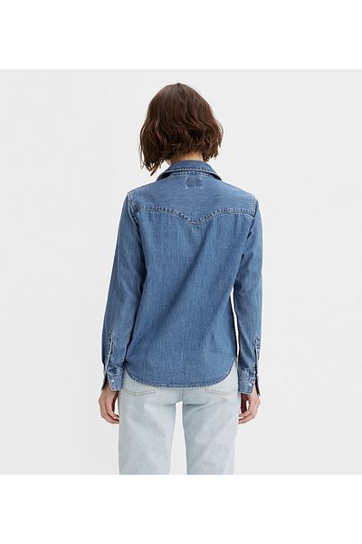 Levi's قميص نسائي أزرق عادي بياقة قميص وأكمام طويلة من قماش الدنيم