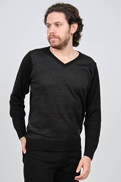 Çizgi Triko Men's Striped V-Neck Sweater 42574225 Black
