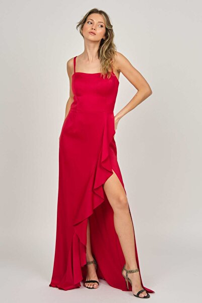 DORİDORCA Kadın Volanlı Derin Yırtmaçlı Abiye Elbise 5922010 Kırmızı