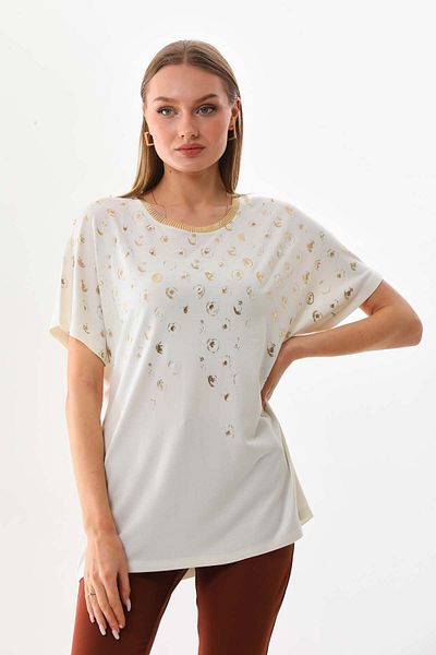Büşra Triko Women's Patterned Short Sleeve Combed Cotton Blouse 19152 Ecru