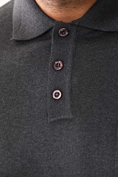 Günay Men's Polo Collar Pocket Detailed Wool Sweater 3000 Smoked