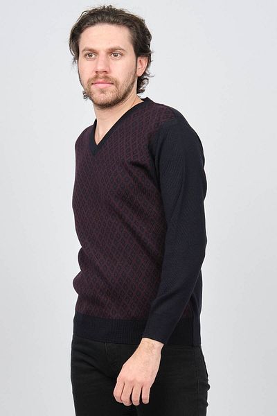 Woolen World Men's V-Neck Patterned Wool Sweater 5596832 Claret Red