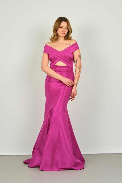 ŞEREF VURAL Women's Off Shoulder Window Detailed Fish Form Evening Dress 8239 Fuchsia