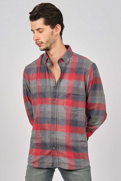 De Leone Men's Striped Long Sleeve Wool Finished Shirt 0171100 Red