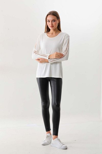 Sistas Women's Sleeves Mesh Crew Neck Long Sleeve Blouse 20162 Ecru