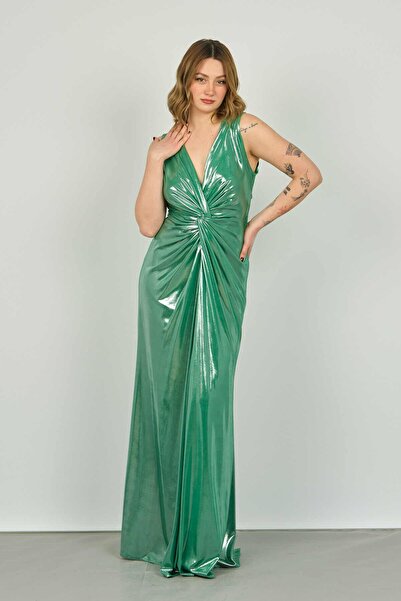 Saygın Women's Wide Straps Shiny Long Evening Dress with Draped Waist Part 3479 Benetton