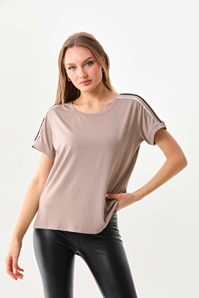 Sistas Women's Crew Neck Short Sleeve Blouse 23025 Beige