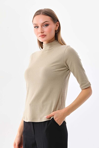 Sistas Women's Half Sleeve Half Turtleneck Blouse 20623 Beige