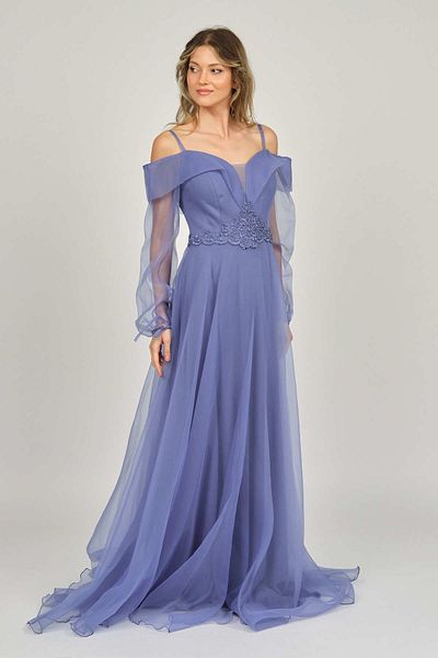 Saygın Rochie de seară cu detalii din tul brodat pentru damă 0991373 Albastru