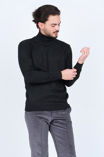 Woolen World Мъжки вълнен пуловер с шарки и пълна яка, плетен, 5596984, черен