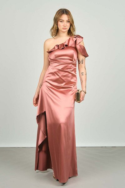 ESCOLL Women's One Shoulder and Sleeve Flounce Satin Evening Dress 1833 S.Shell