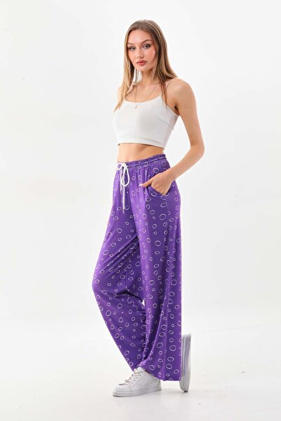 Sistas Women's Patterned Waist Strap Comfortable Form Trousers 23498 Purple