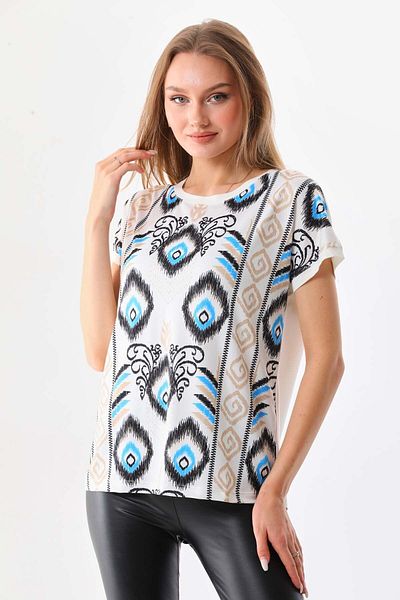 Sistas Women's Ethnic Patterned Short Sleeve Blouse 23170 Ecru