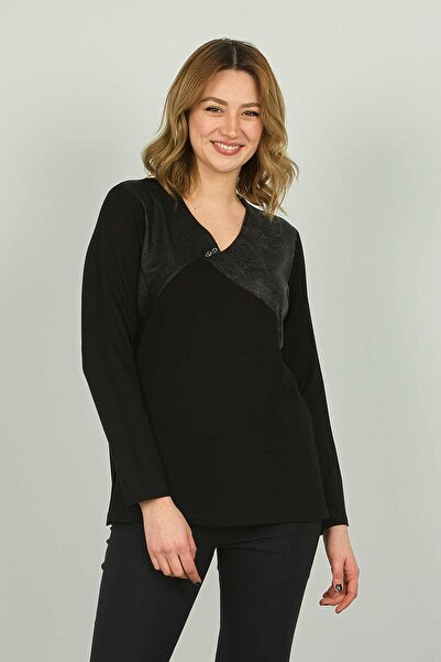 Detay Triko بلوزة نسائية بأكمام طويلة ورقبة على شكل حرف V من الجلد الصناعي 45...