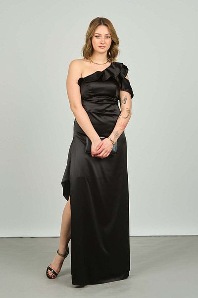 ESCOLL Women's One Shoulder and Sleeve Flounce Satin Evening Dress 1833 Black