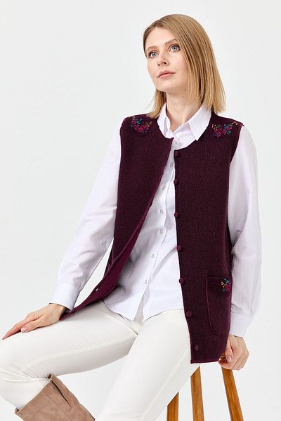 Desen Triko Women's Zero Collar Shoulder and Pocket Cover Felt Embroidered Button Vest 0242113 Plum