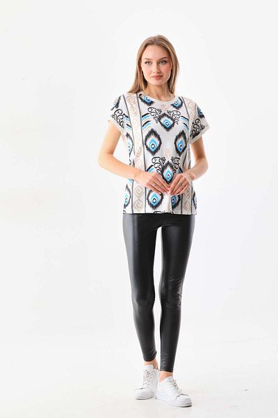 Sistas Women's Ethnic Patterned Short Sleeve Blouse 23170 Ecru