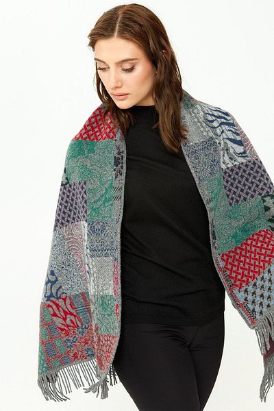 Desen Triko Women's Patchwork Patterned Pure Wool Shawl 02421143 Smoked