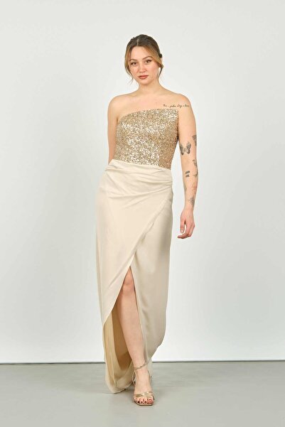 DORİDORCA Doridorca Kadın Üst Payetli ve Straplez Alt Anvelop Etek Uzun Abiye Elbise 5047 Bej