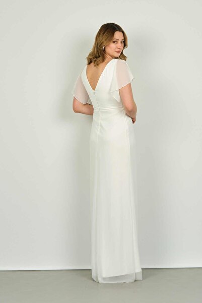 DORİDORCA Doridorca Women's V-Neck Long Evening Dress5924054 Bone