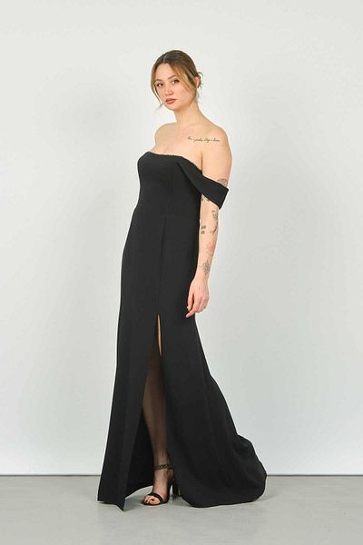 DORİDORCA Doridorca Women's Strapless Collar Sleeve Band Detailed Long Evening Dress 5122 Black