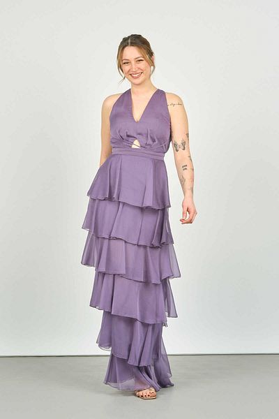 DORİDORCA Doridorca Women's Halter Floor Detailed Long Evening Dress 3039 Lavender
