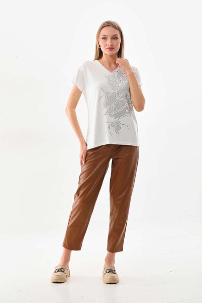 Sistas Women's Glitter Printed V-Neck Short Sleeve Blouse 23296 Ecru