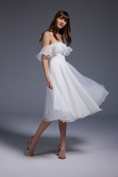 DORİDORCA Doridorca Strapless Neck Midi βραδινό φόρεμα 6013 - Λευκό off the Shoulder