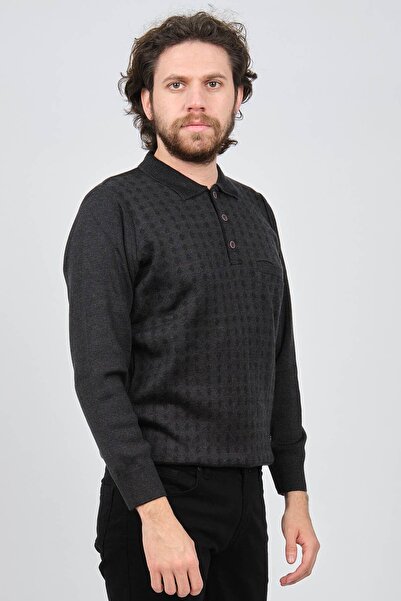 Çizgi Triko Чоловічий джинсовий светр з коміром-поло та деталями 42544216 Синій