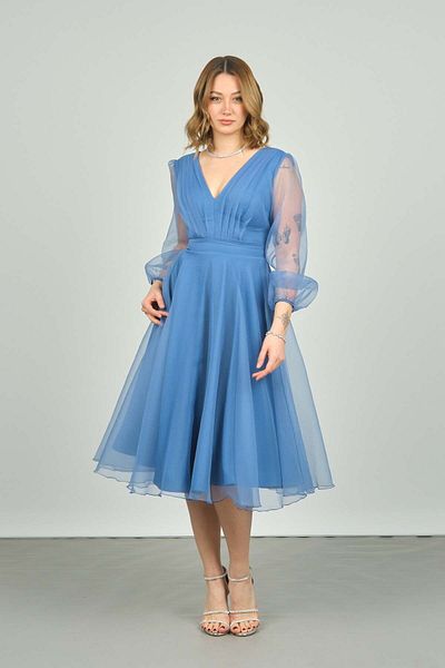 DORİDORCA Doridorca Women's Sleeves and Skirt Tulle V-Neck Midi Length Evening Dress 3037 Indigo