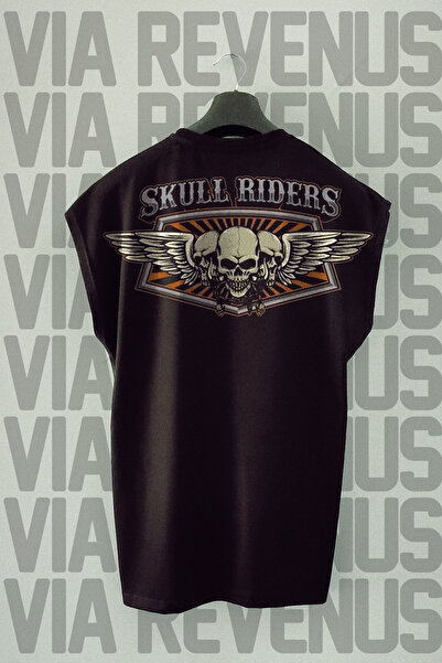 Vordevia Skull Riders - Motorcu Sırt Baskılı Sıfır Kollu Siyah Spor Tshirt