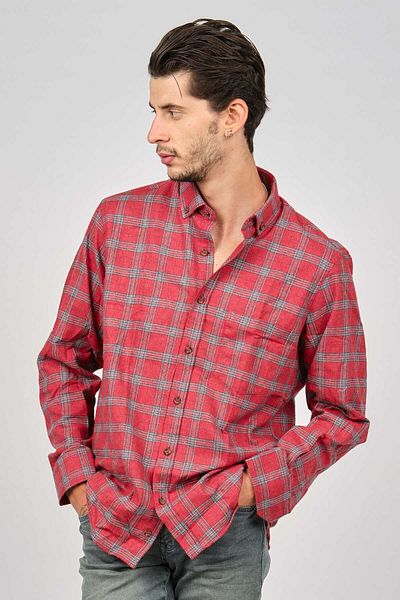 De Leone Men's Striped Long Sleeve Wool Finished Shirt 0171110 Red