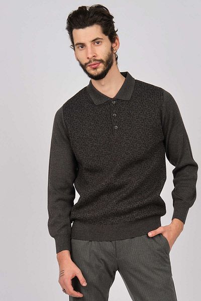 Woolman Men's Patterned Polo Neck Wool Sweater 1571033 Gray