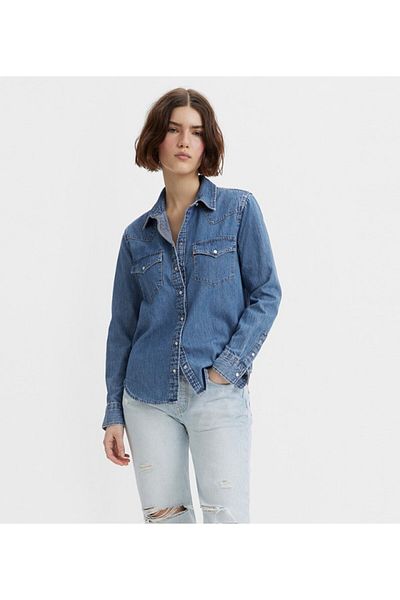 Levi's قميص نسائي أزرق عادي بياقة قميص وأكمام طويلة من قماش الدنيم