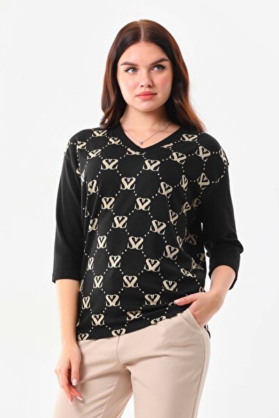 Sistas Γυναικεία μπλούζα με μοτίβο V λαιμόκοψη μισό μανίκι 23651 Μαύρη
