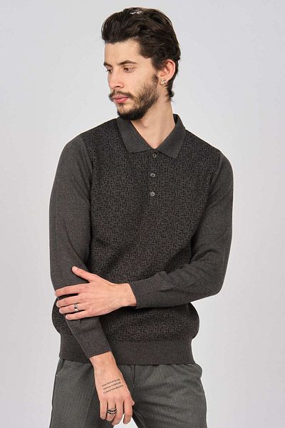 Woolman Men's Patterned Polo Neck Wool Sweater 1571033 Gray