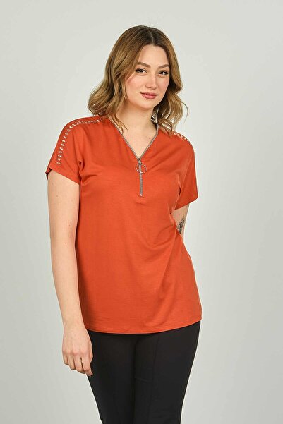 ELLA CAMELIA بلوزة نسائية بأكمام قصيرة وسحاب 20E038