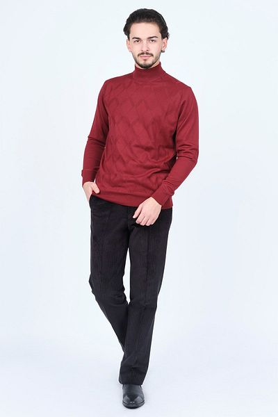 PAVE Men's Half Fisherman Knitwear Wool Sweater 4533120 Claret Red