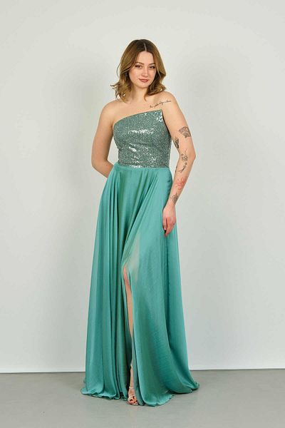 DORİDORCA Doridorca Women's Strapless Collar Top Sequin Bottom Satin Surface Chiffon Evening Dress 5091 Mint