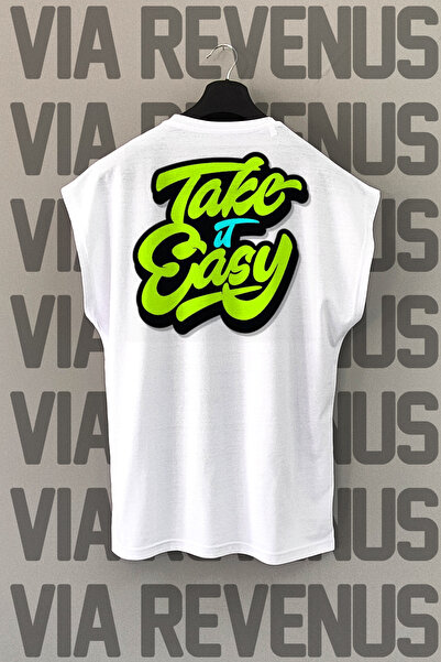 Vordevia Take it Easy White Sports T-Shirt - Back Print, Zero Sleeve