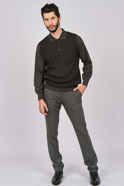 Woolman Men's Patterned Polo Neck Wool Sweater 1572113 Smoked